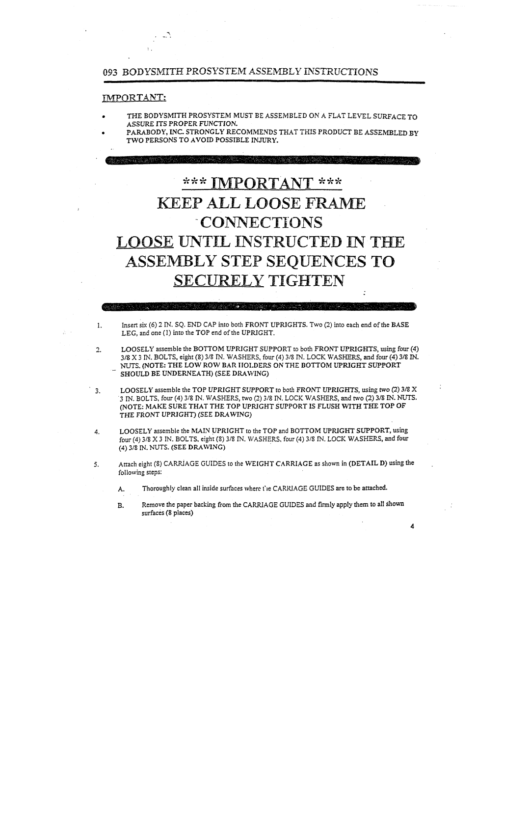 ParaBody 093 manual BODYSM~THPROSYSTEiV~ ASSE1V~BLY Instructions, 8 IN. NUTS. see Drawing 