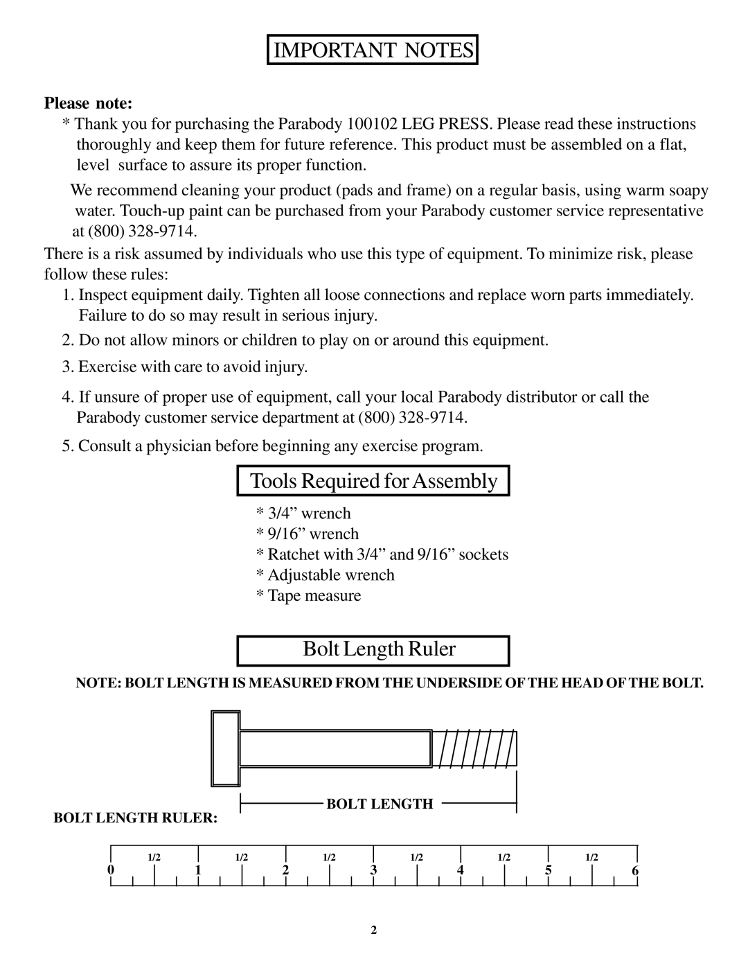 ParaBody 100 manual Important Notes 