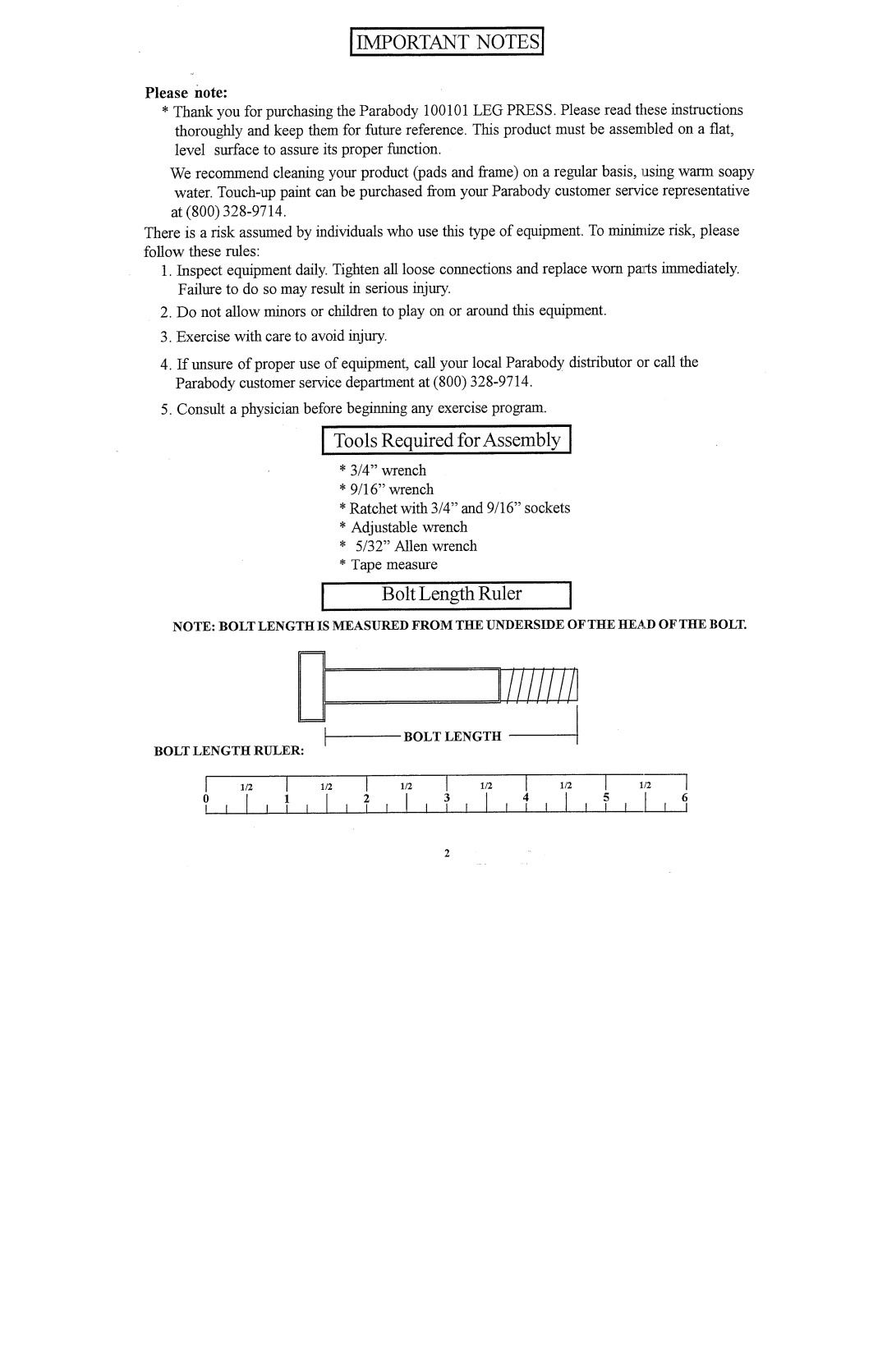 ParaBody 100101 manual Important Notes 