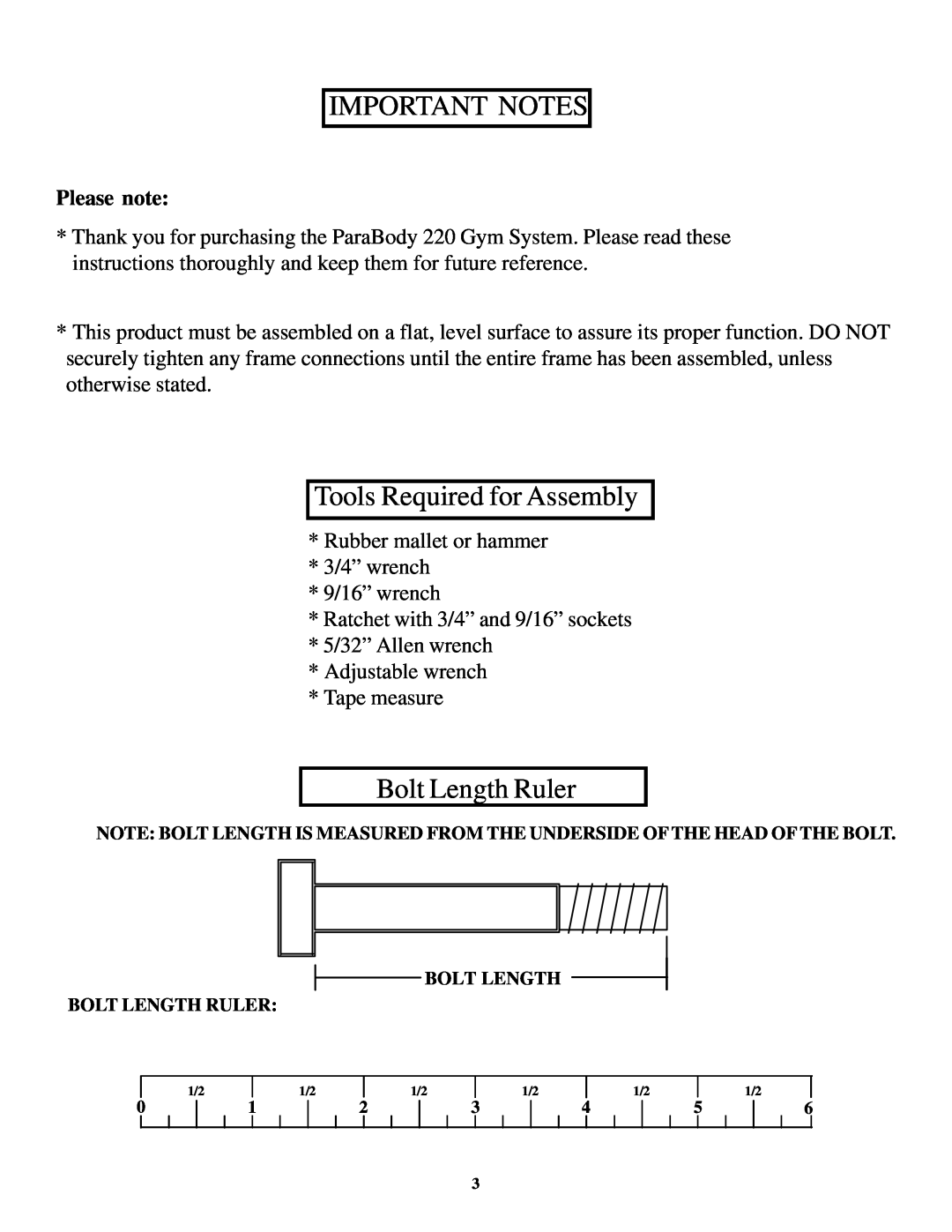 ParaBody 220 manual Important Notes, Tools Required for Assembly, Bolt Length Ruler, Please note 