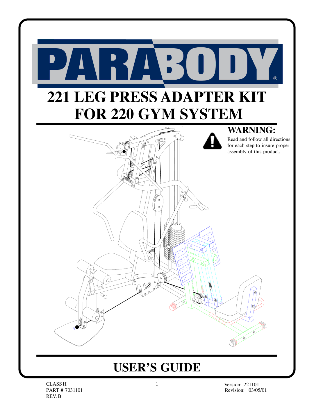 ParaBody 221 manual LEG Press Adapter KIT for 220 GYM System 