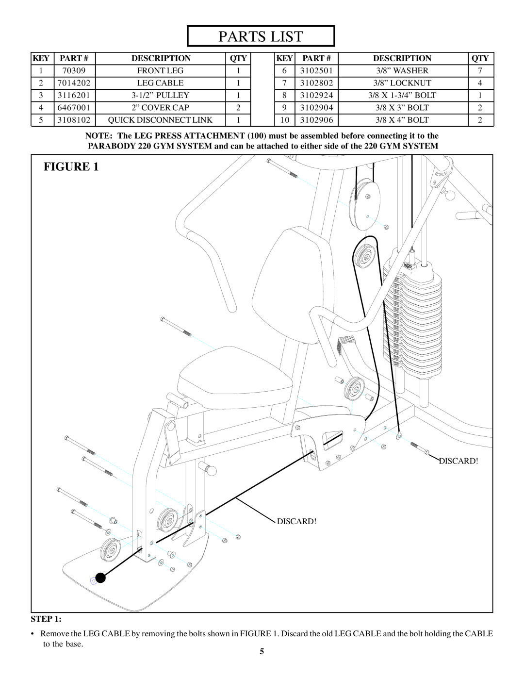 ParaBody 221 manual Parts List, KEY Description QTY 