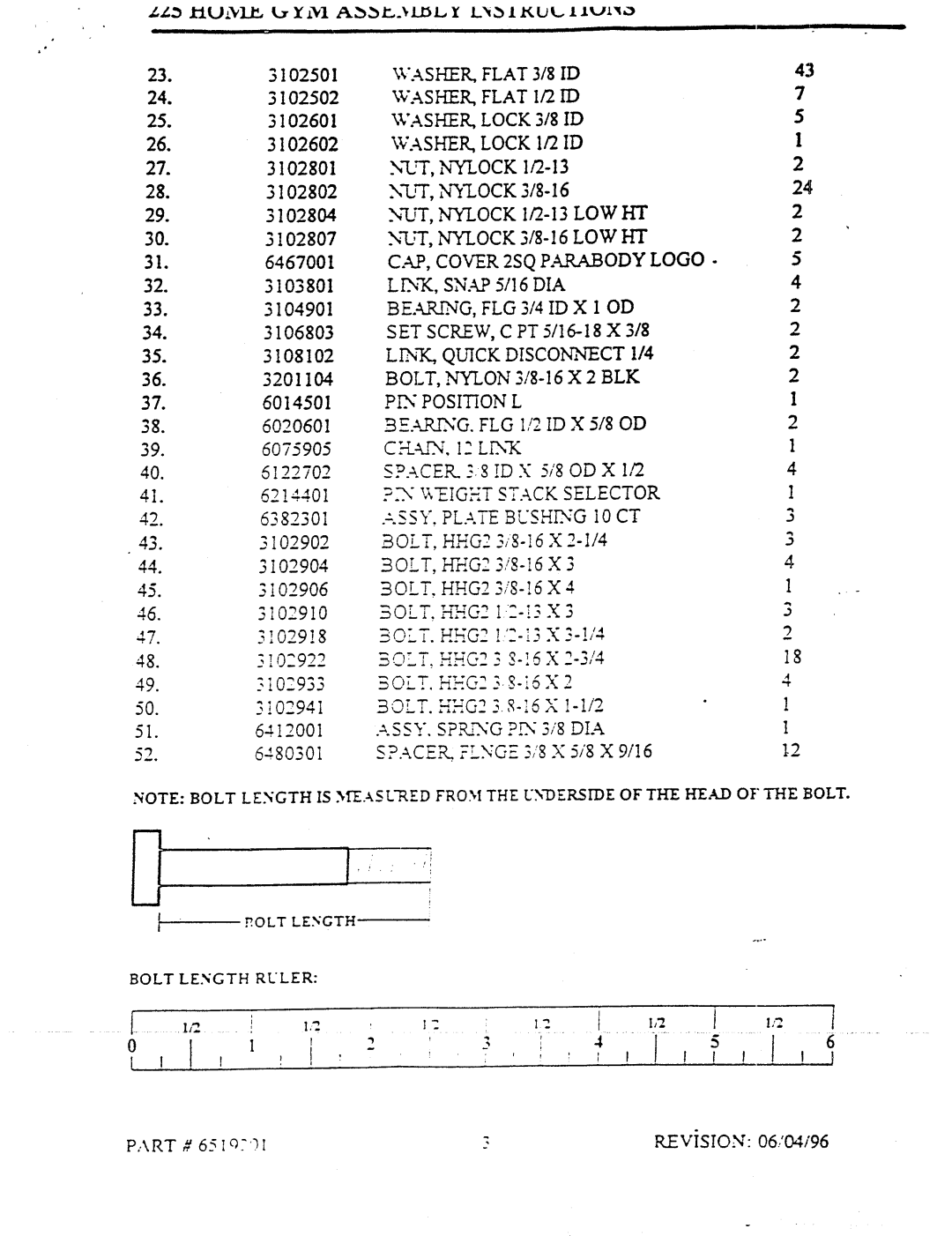 ParaBody 225 manual 3104901, 3108102, 3102904, BOLT,HHG23,,8-I 5, PART# 65IO?I REVISION06/04/96 