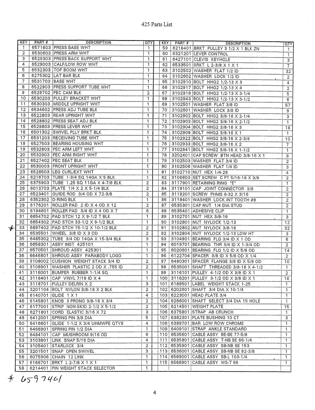 ParaBody 425 manual KEY PART# Description Press Basewht, Press Back Supportwht CALF/LOW Rowwht, Press Supporttubewht, Hole 