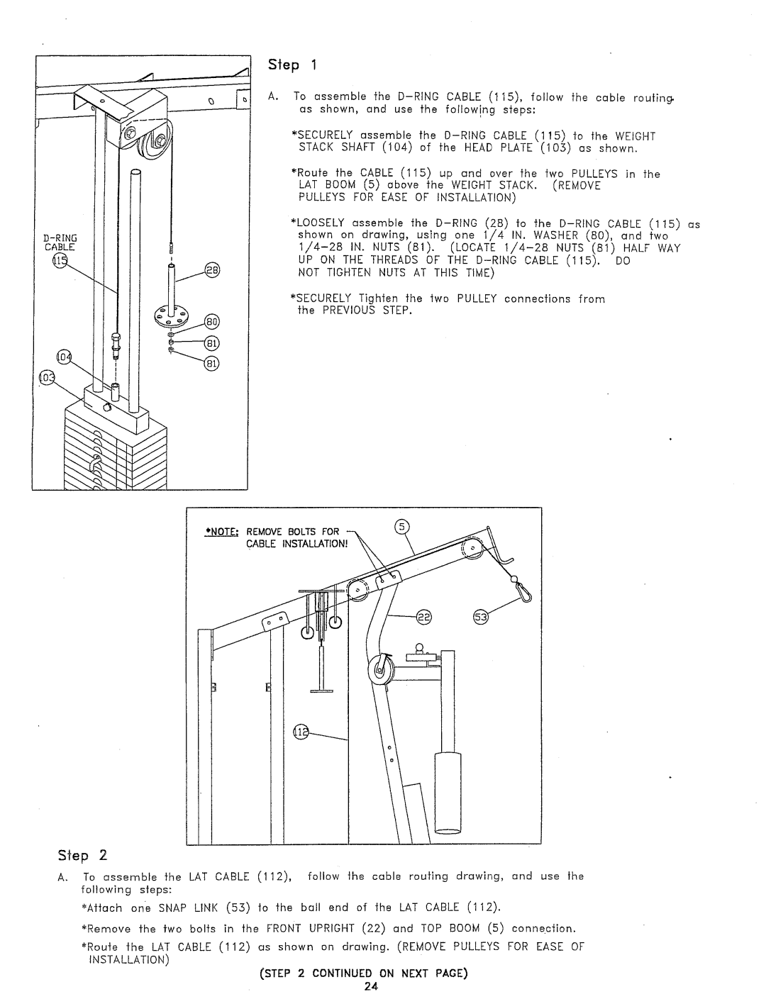 ParaBody 425 manual S~ep, Step, Note Removeboltsfor Cableinstallation, Continuedon Next Page 