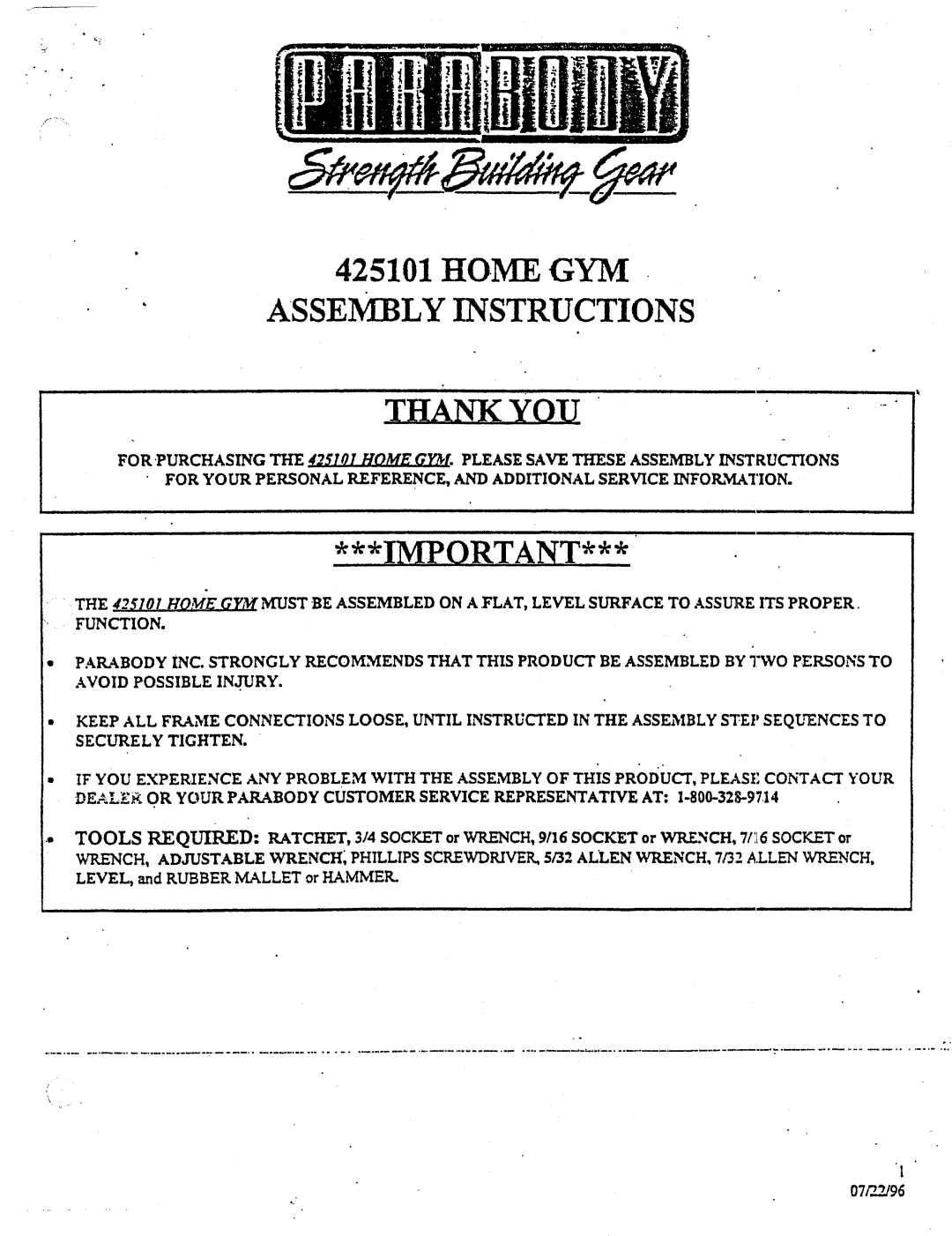 ParaBody 425101 manual Homegym Assembly Instructions 