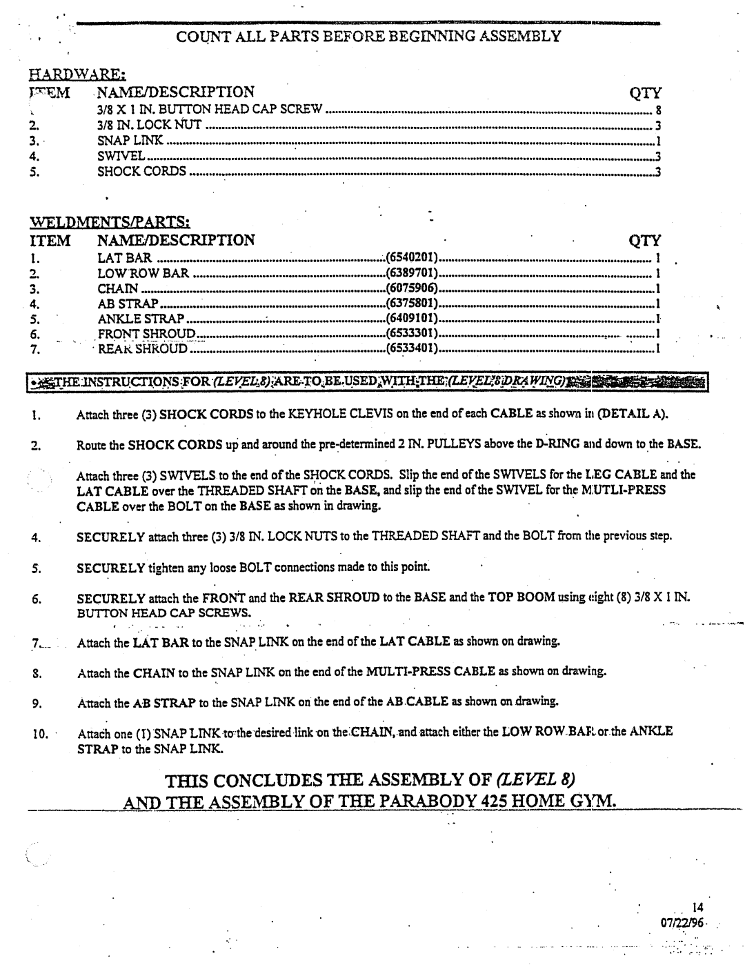 ParaBody 425101 manual ~Em, ~Eldments/Parts 