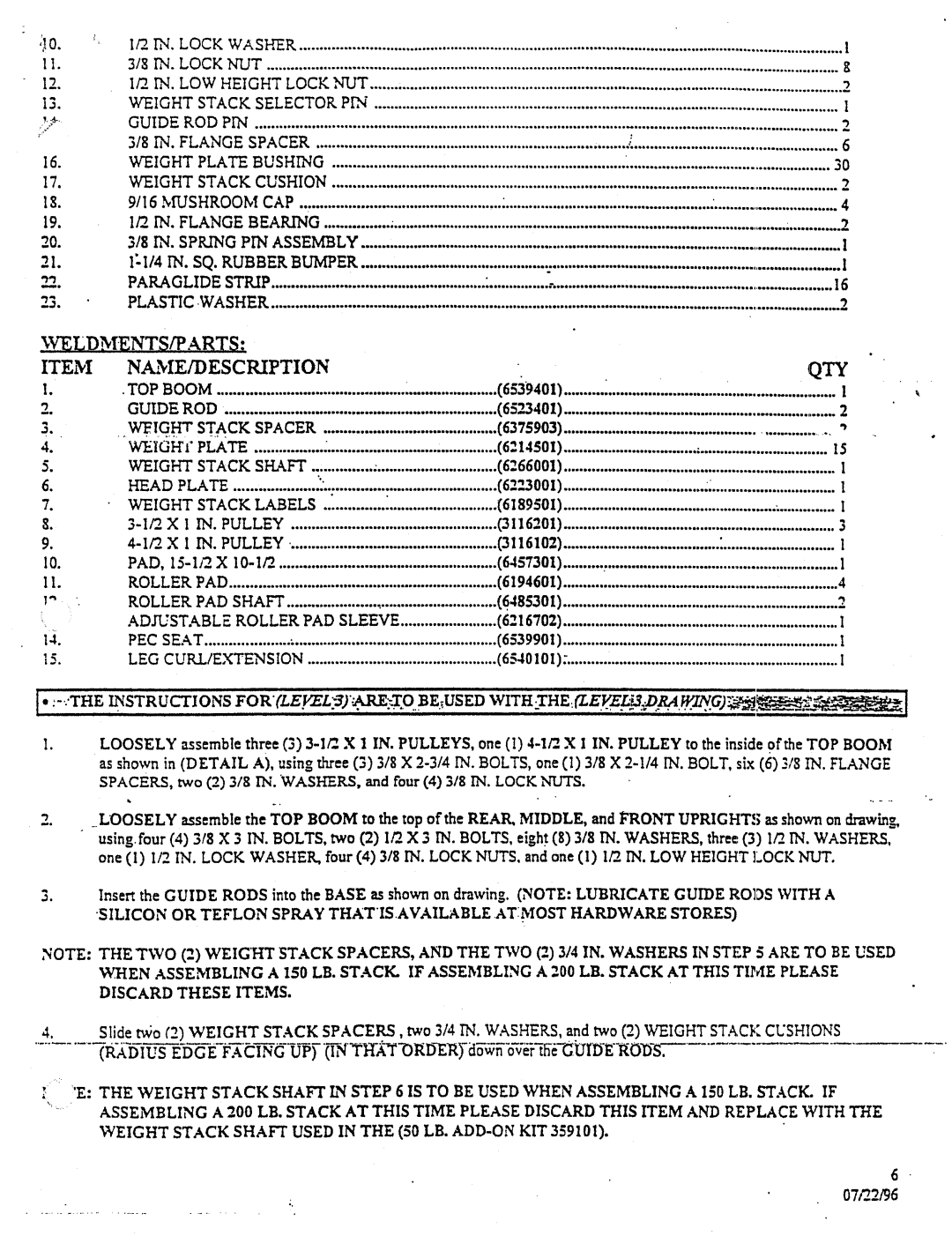 ParaBody 425101 manual Weldments/Parts Name/Description Qty, Weightstacksfl~.Ft, Headplate, Pecseat 