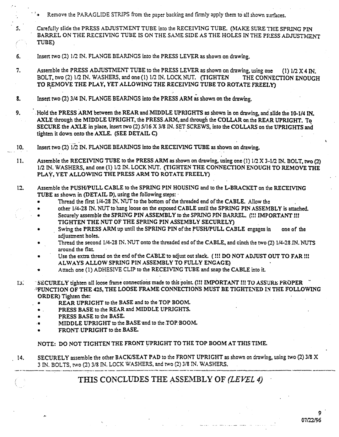 ParaBody 425101 manual IN. WASHER.S,and one, PLAY,.YET Allowingthe Press Armto Rotatefreely, 07/22/96 