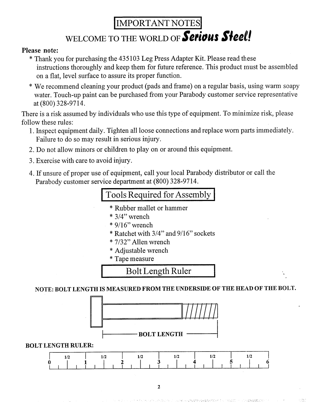 ParaBody 435103 manual Bolt Length Ruler 