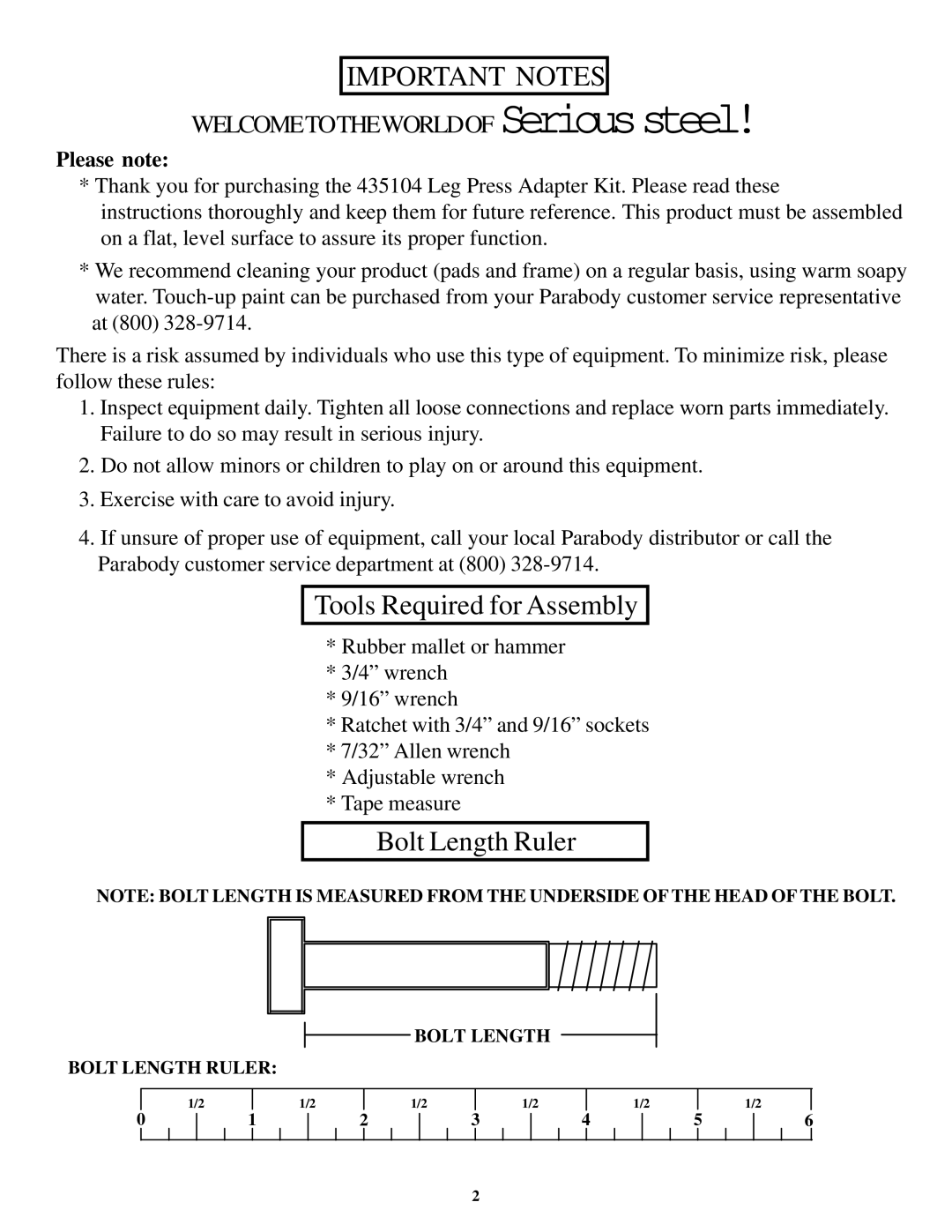 ParaBody 435104 manual Important Notes 