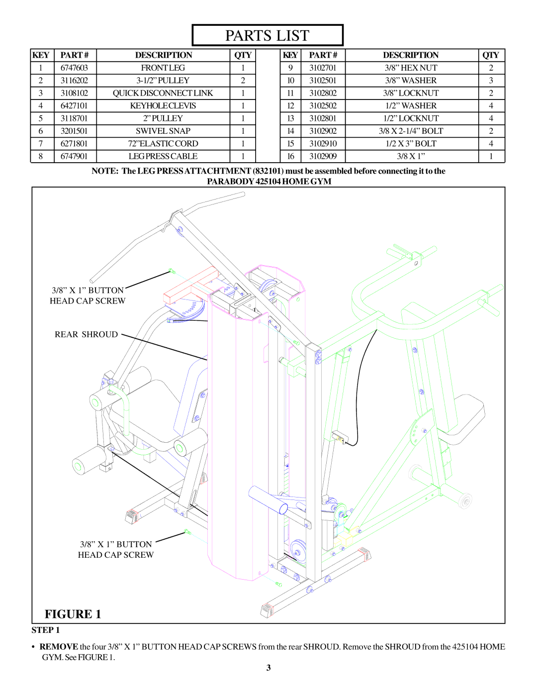 ParaBody 435104 manual Parts List 