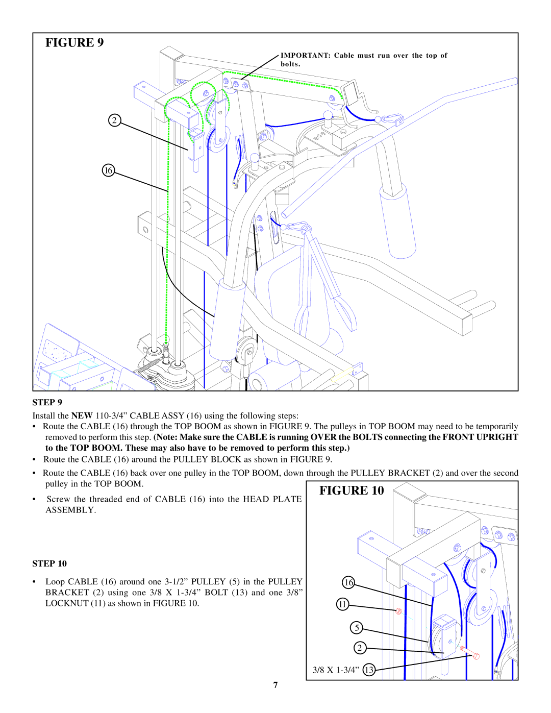 ParaBody 441101 440 manual Important Cable must run over the top of bolts 