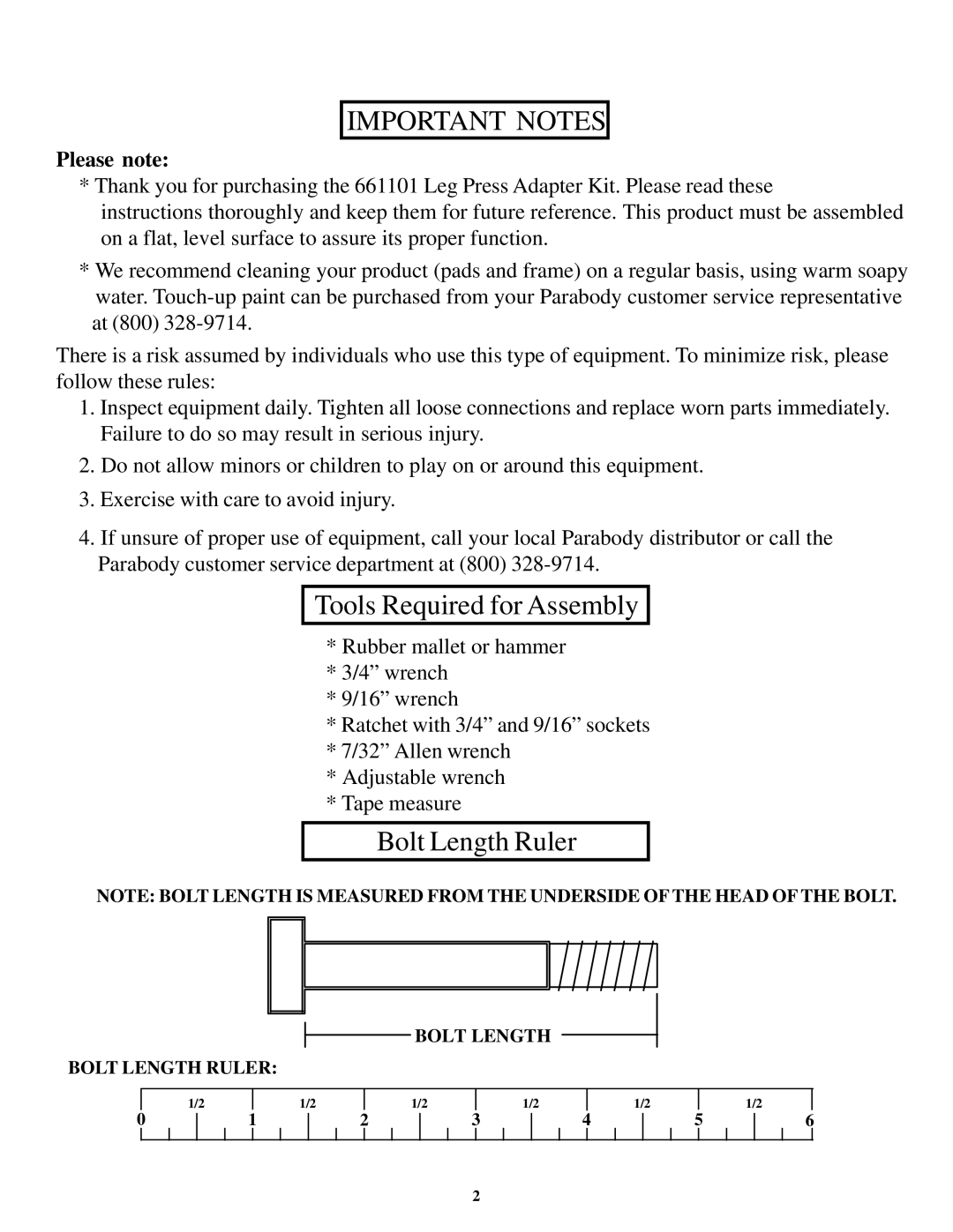 ParaBody 661101 manual Important Notes 