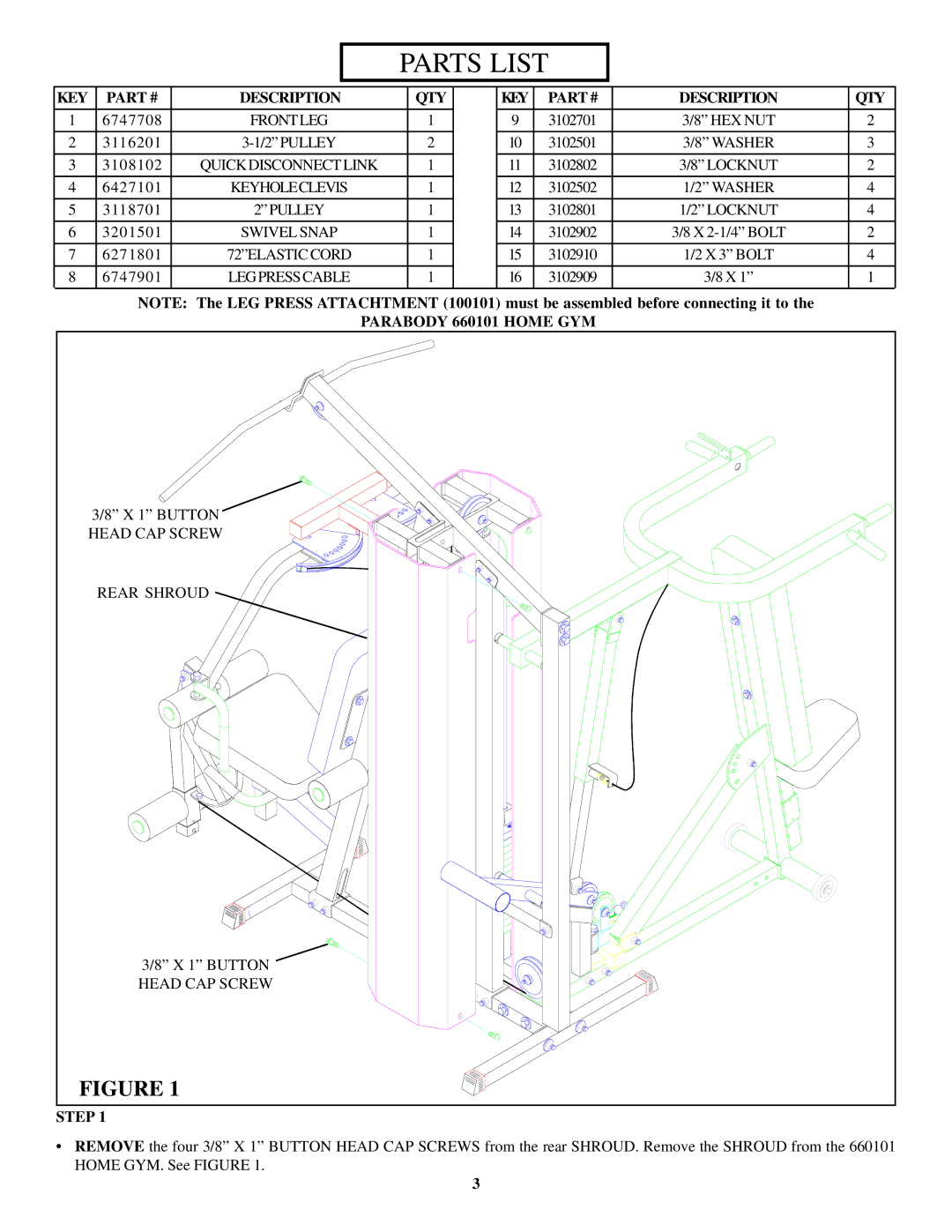 ParaBody 661101 manual Parts List 