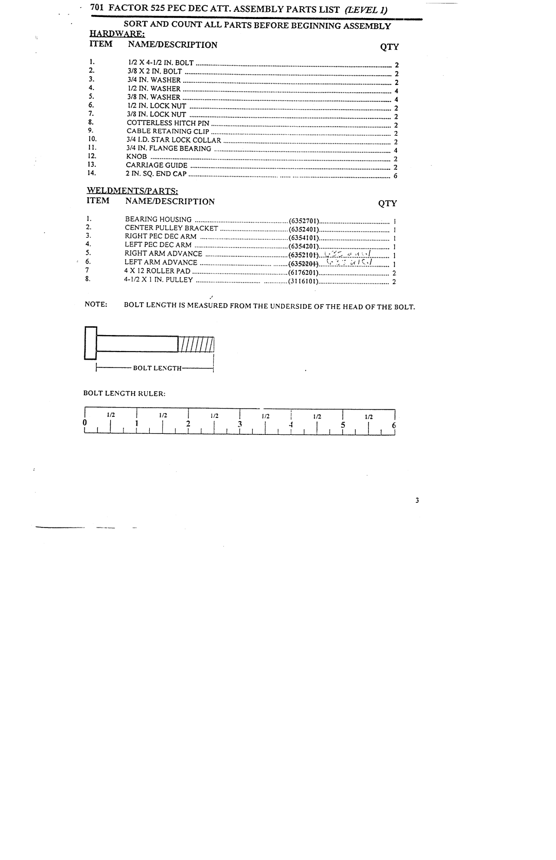 ParaBody 701 manual Factor 525 PEC DEC ATT. Assembly Parts List Level 