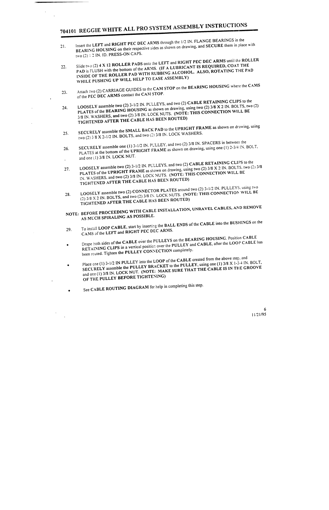 ParaBody 704101 manual Reggie White ALL PRO System Assembly INSTRUCT, IONS~, Tightened Afterthe Cable has Been Routed 