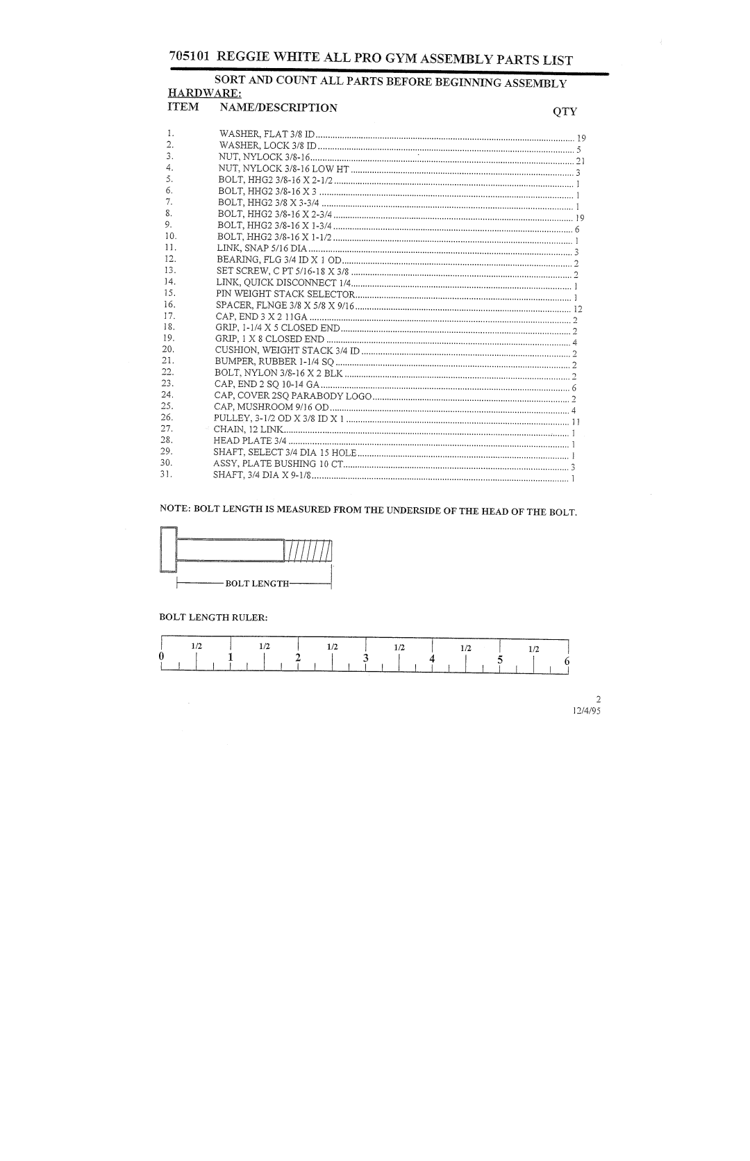 ParaBody 705101 manual Bolt Length Bolt Length Ruler 