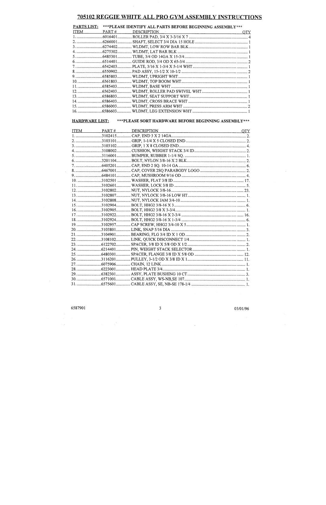 ParaBody 705102 manual Hardwarelist Please Sort Hardwarebefore Beginning Assembly 