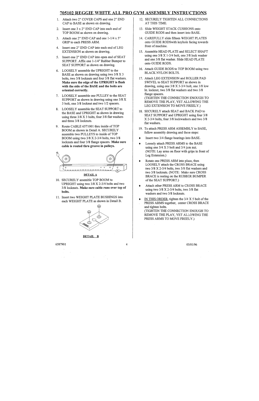 ParaBody 705102 Reggie White ALL PRO Gymassembly Instructions, Detaila, Securely Tighten ALL Connections AT this Time 