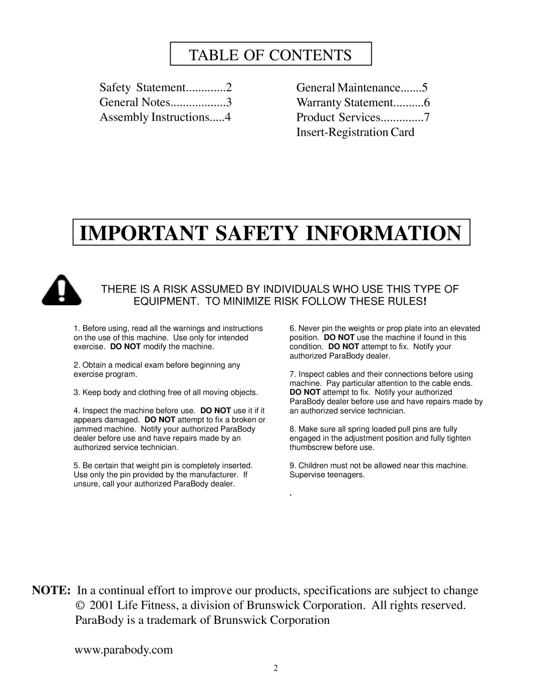 ParaBody 803 manual Important Safety Information, Table of Contents 