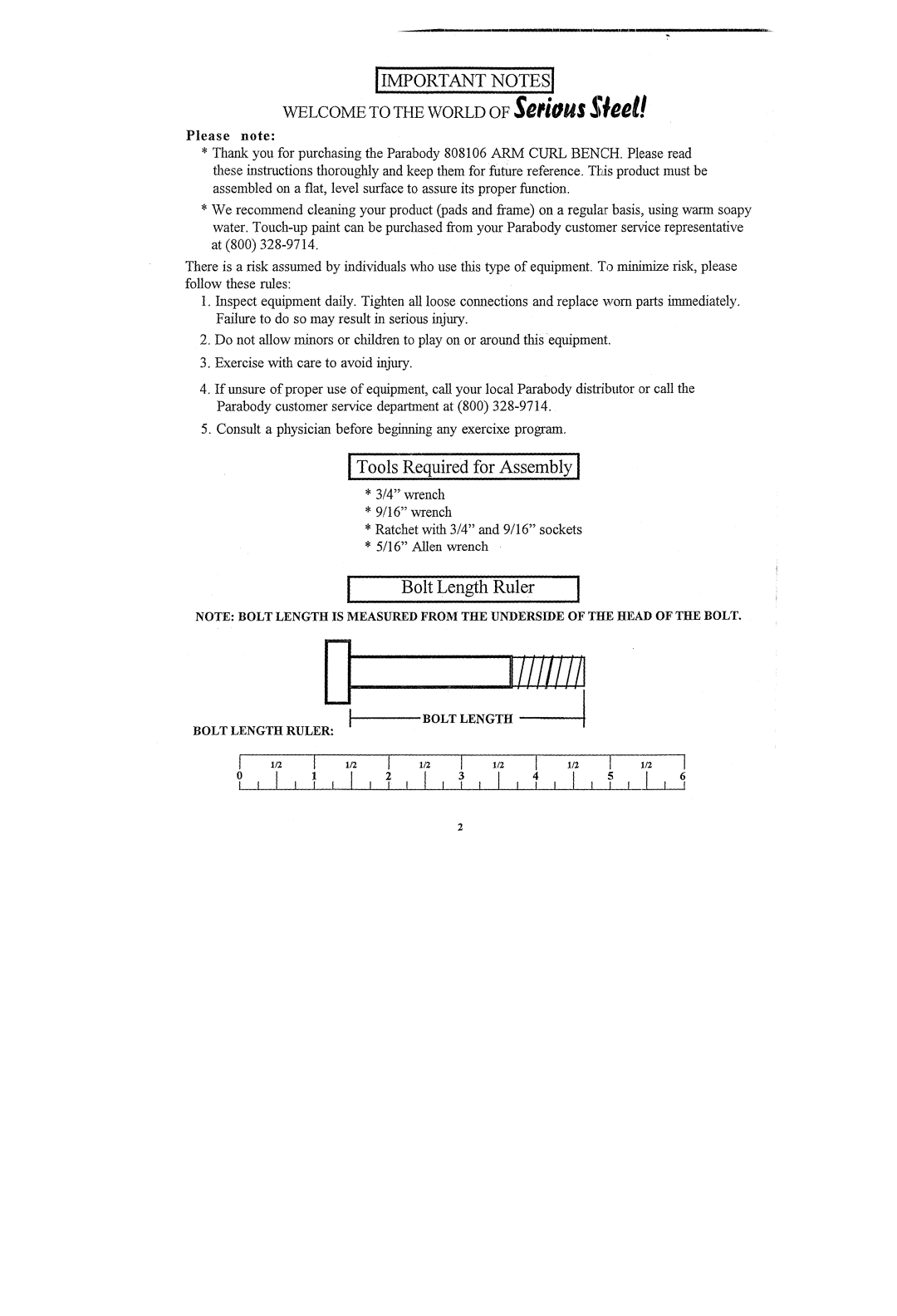 ParaBody 808106 manual Tools Requiredfor Assembly 