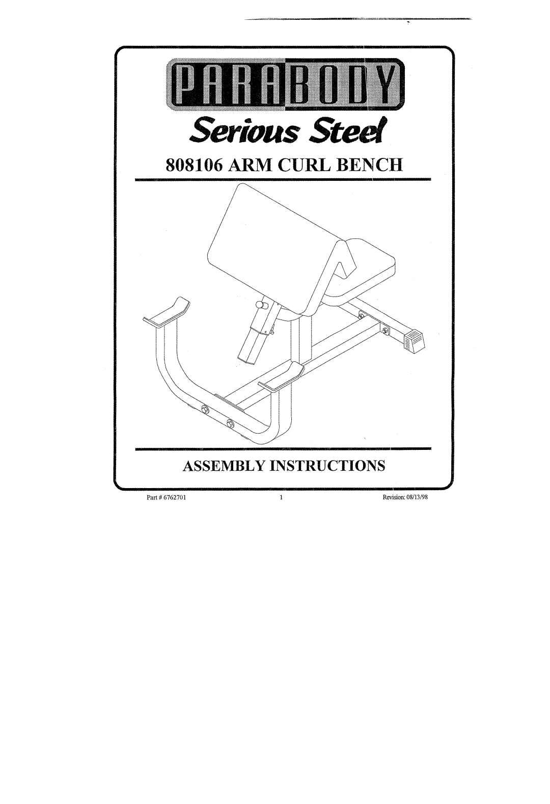 ParaBody 808106 manual Serious, Arm Curl Bench, Assembly Instructions 