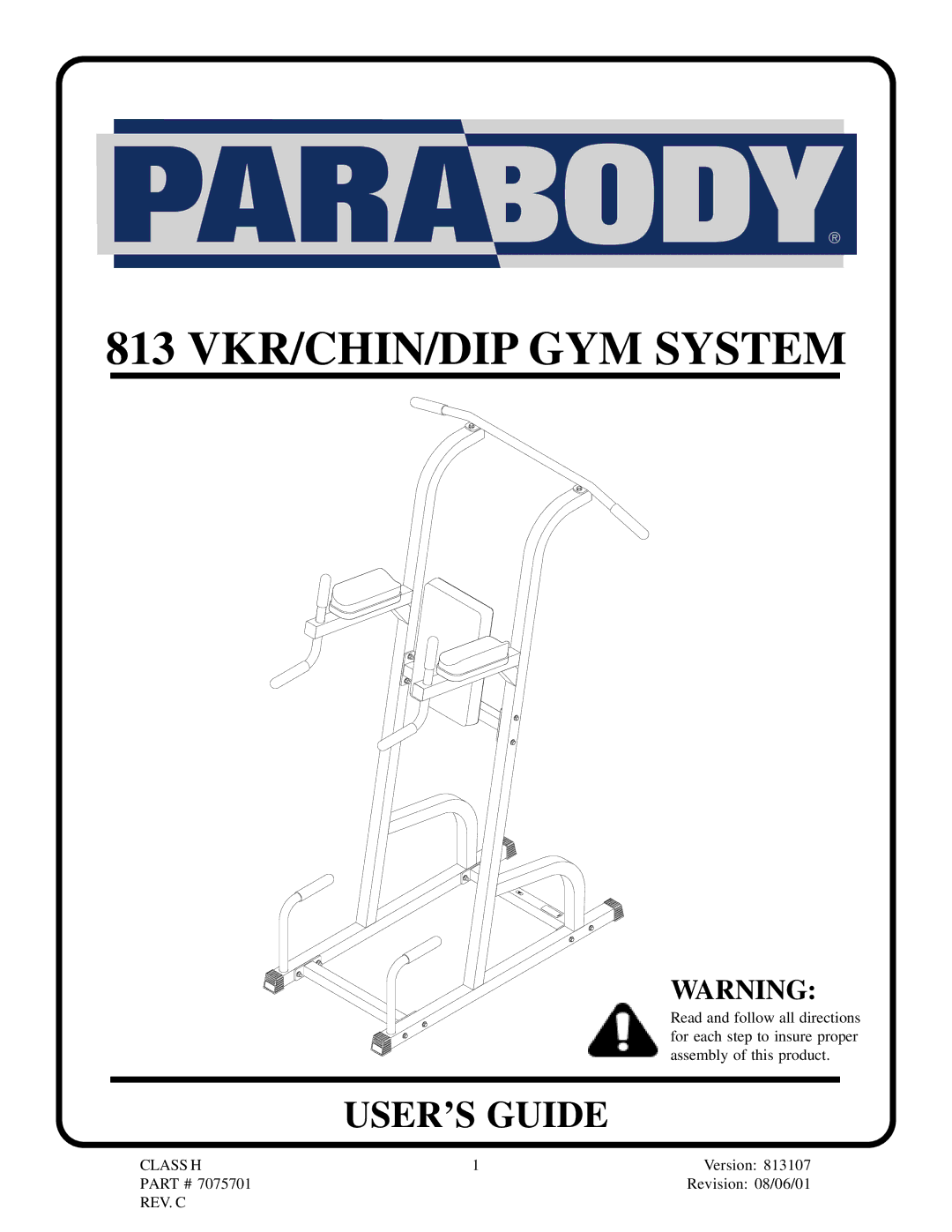 ParaBody manual 813 VKR/CHIN/DIP GYM System 