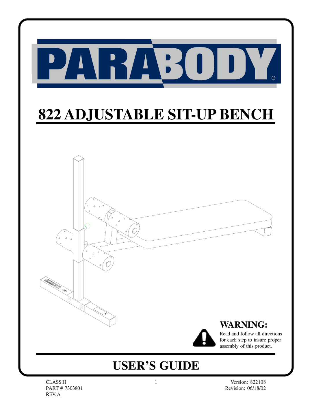 ParaBody 822 manual Adjustable SIT-UP Bench 