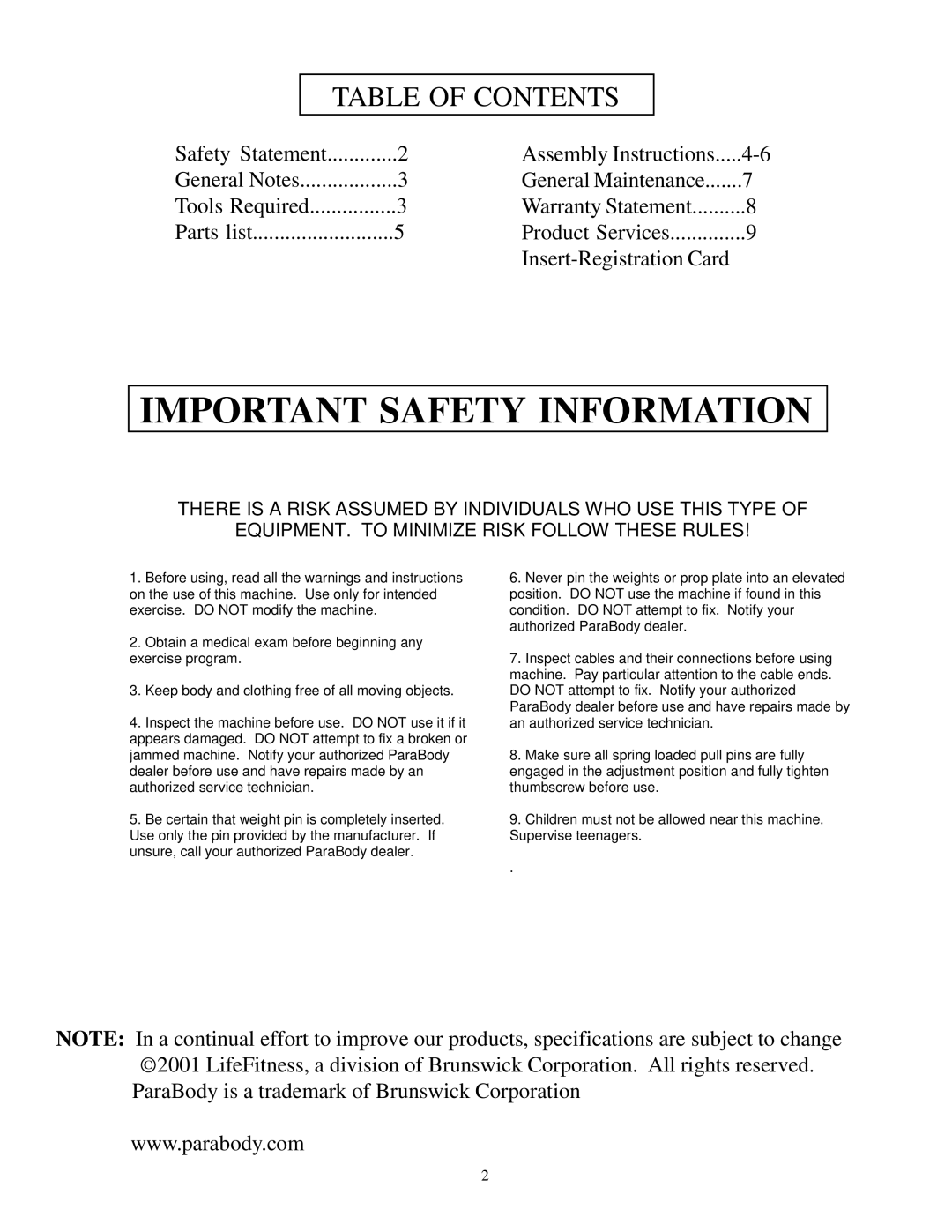 ParaBody 822 manual Important Safety Information, Table of Contents 