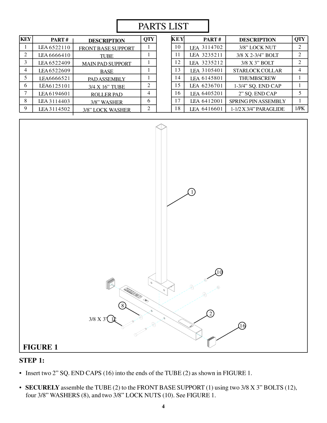 ParaBody 822 manual Parts List, KEY Description QTY 