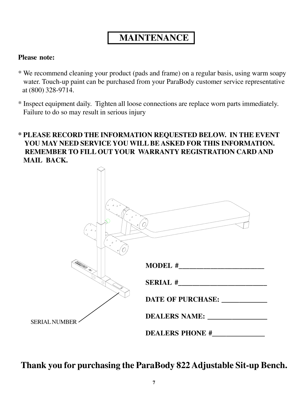 ParaBody 822 manual Maintenance 