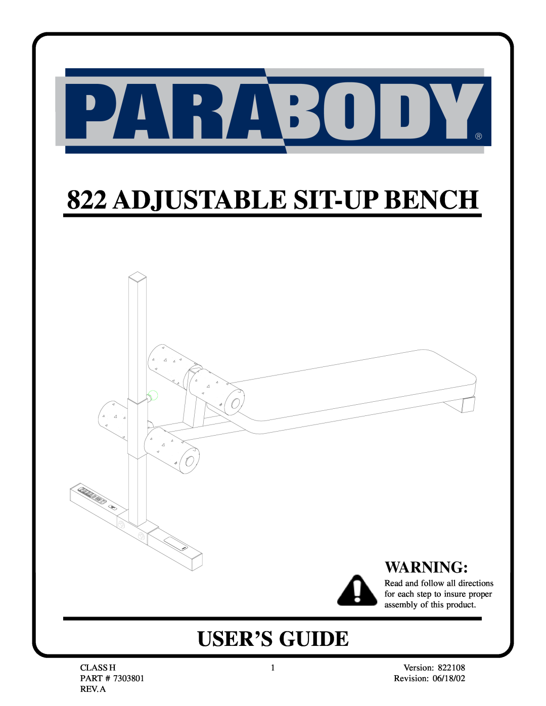 ParaBody 822 manual User’S Guide, Adjustable Sit-Up Bench 