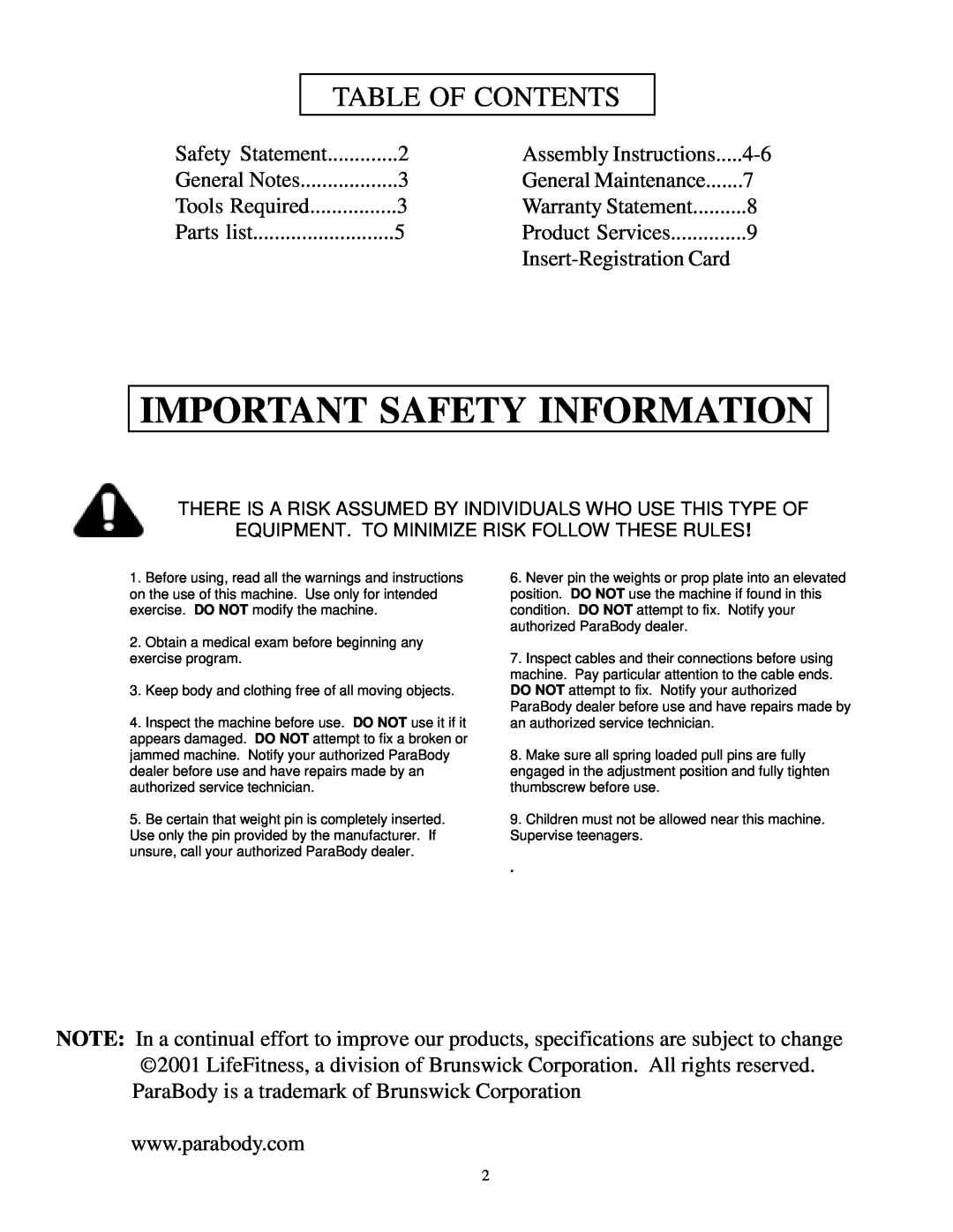 ParaBody 822 Important Safety Information, Table Of Contents, Assembly Instructions, General Maintenance, Product Services 
