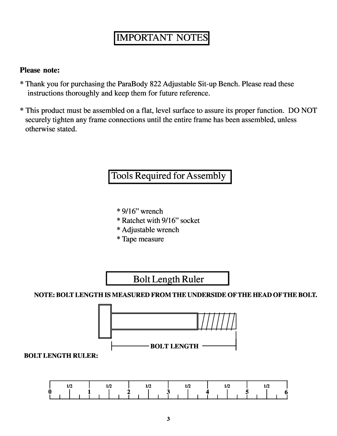 ParaBody 822 manual Important Notes, Tools Required for Assembly, Bolt Length Ruler, Please note 
