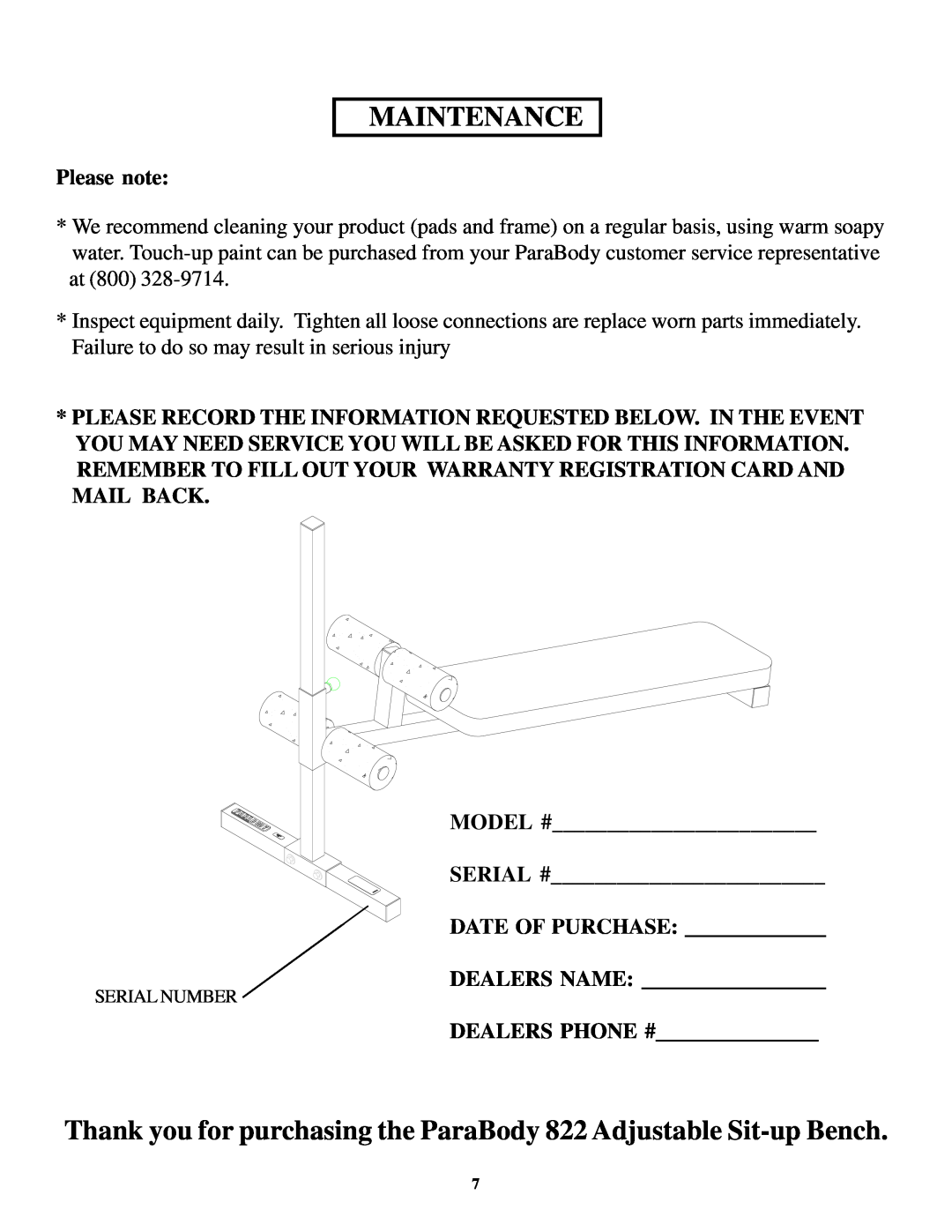 ParaBody manual Maintenance, Thank you for purchasing the ParaBody 822 Adjustable Sit-up Bench, Serial Number 