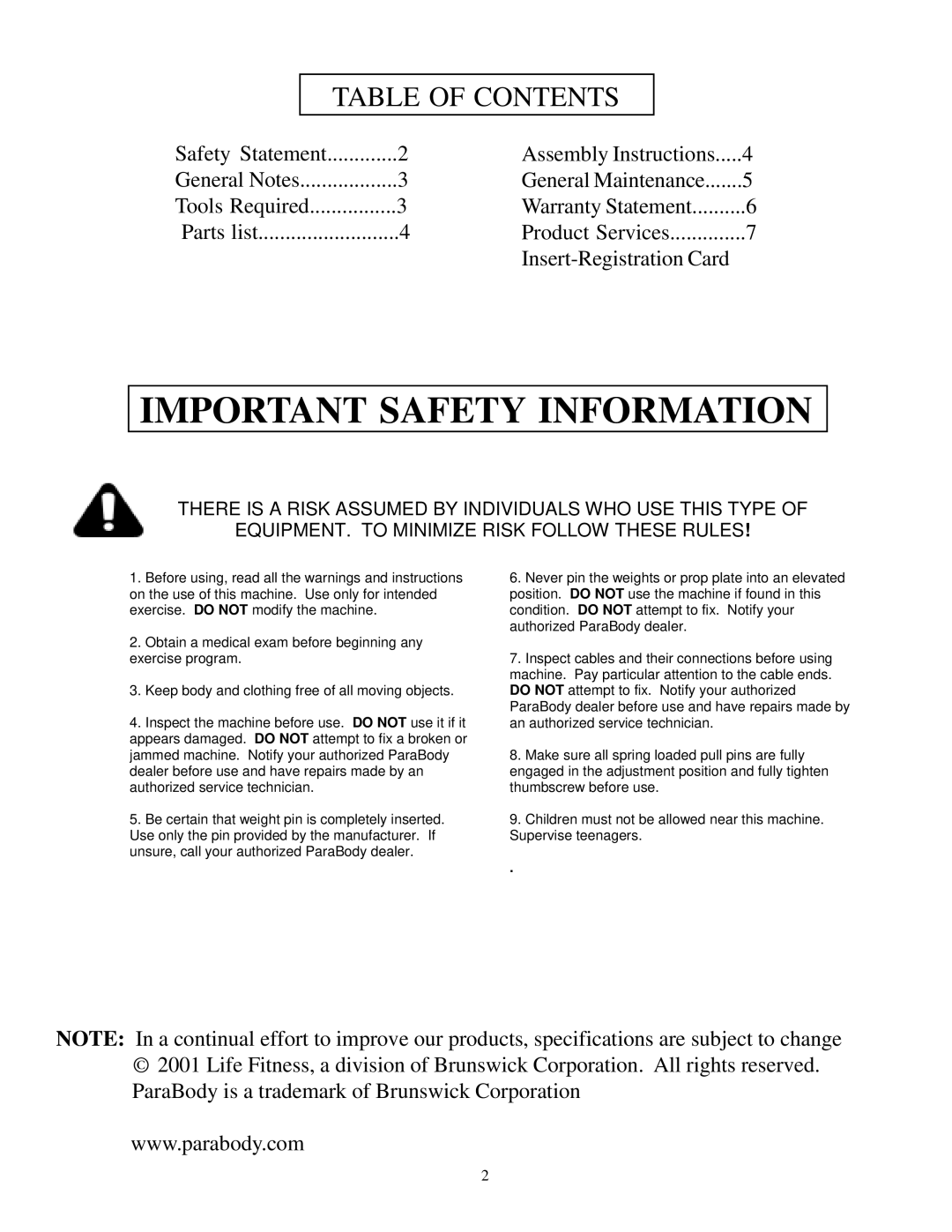 ParaBody 823 manual Important Safety Information, Table of Contents 