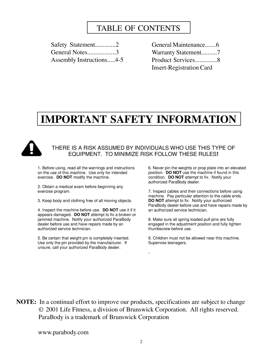 ParaBody 826 manual Important Safety Information, Table of Contents 