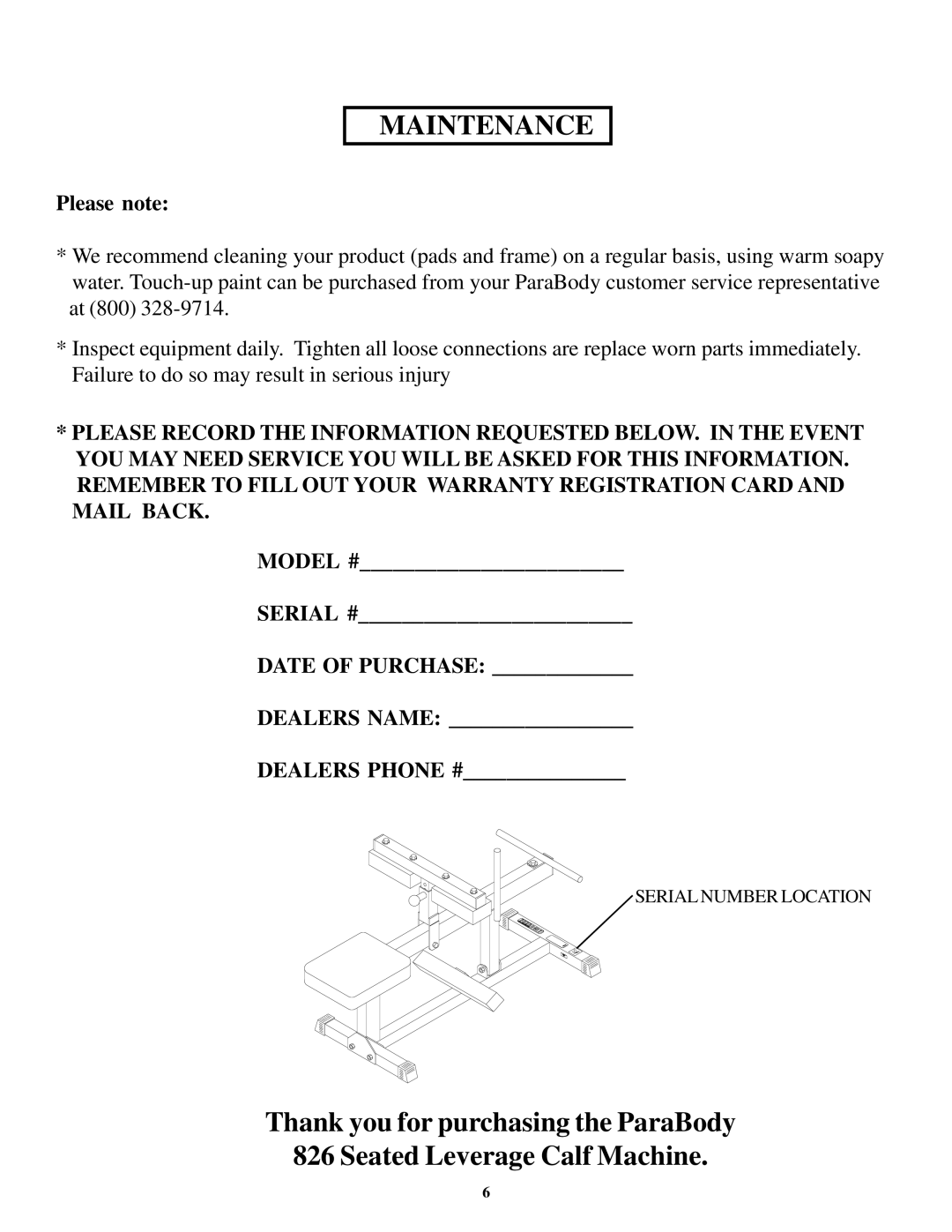 ParaBody 826 manual Maintenance 