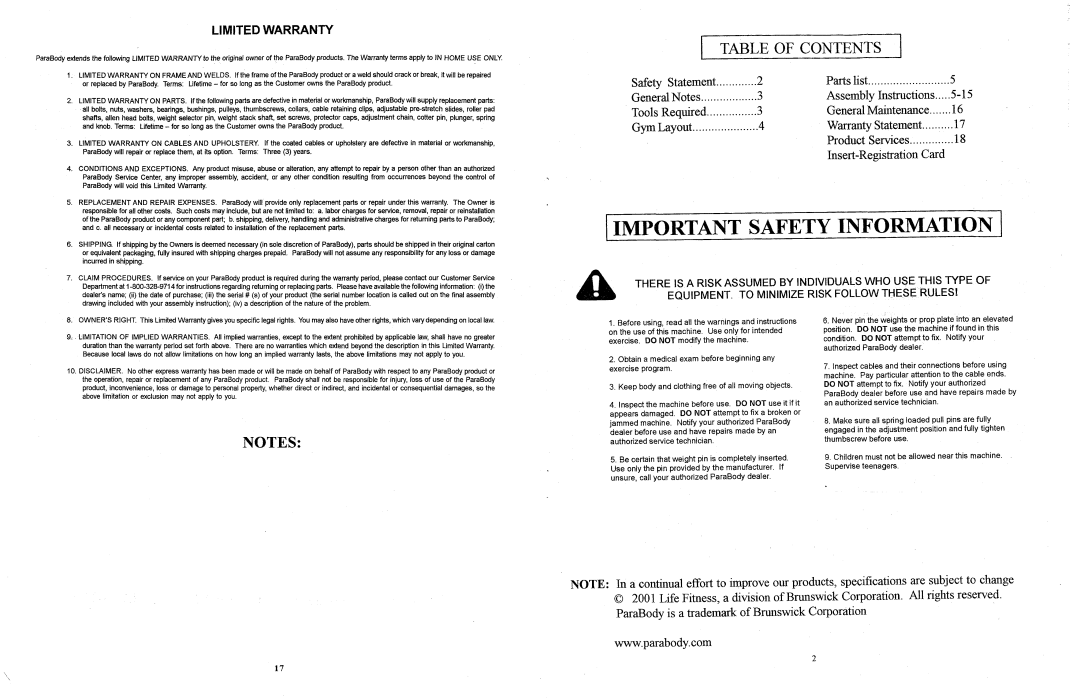 ParaBody 827 manual Iimportant Safety Information 