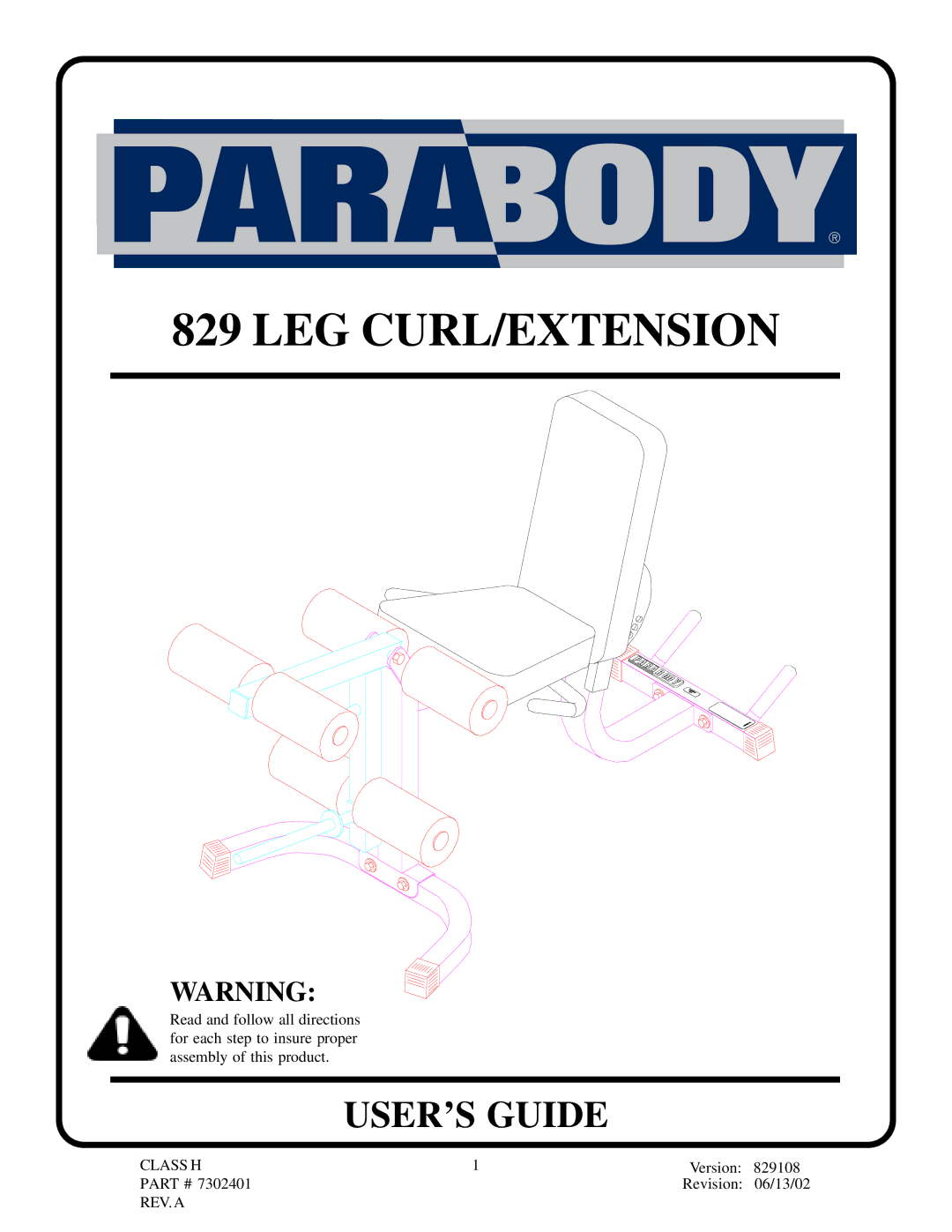 ParaBody 829 manual Leg Curl/Extension 