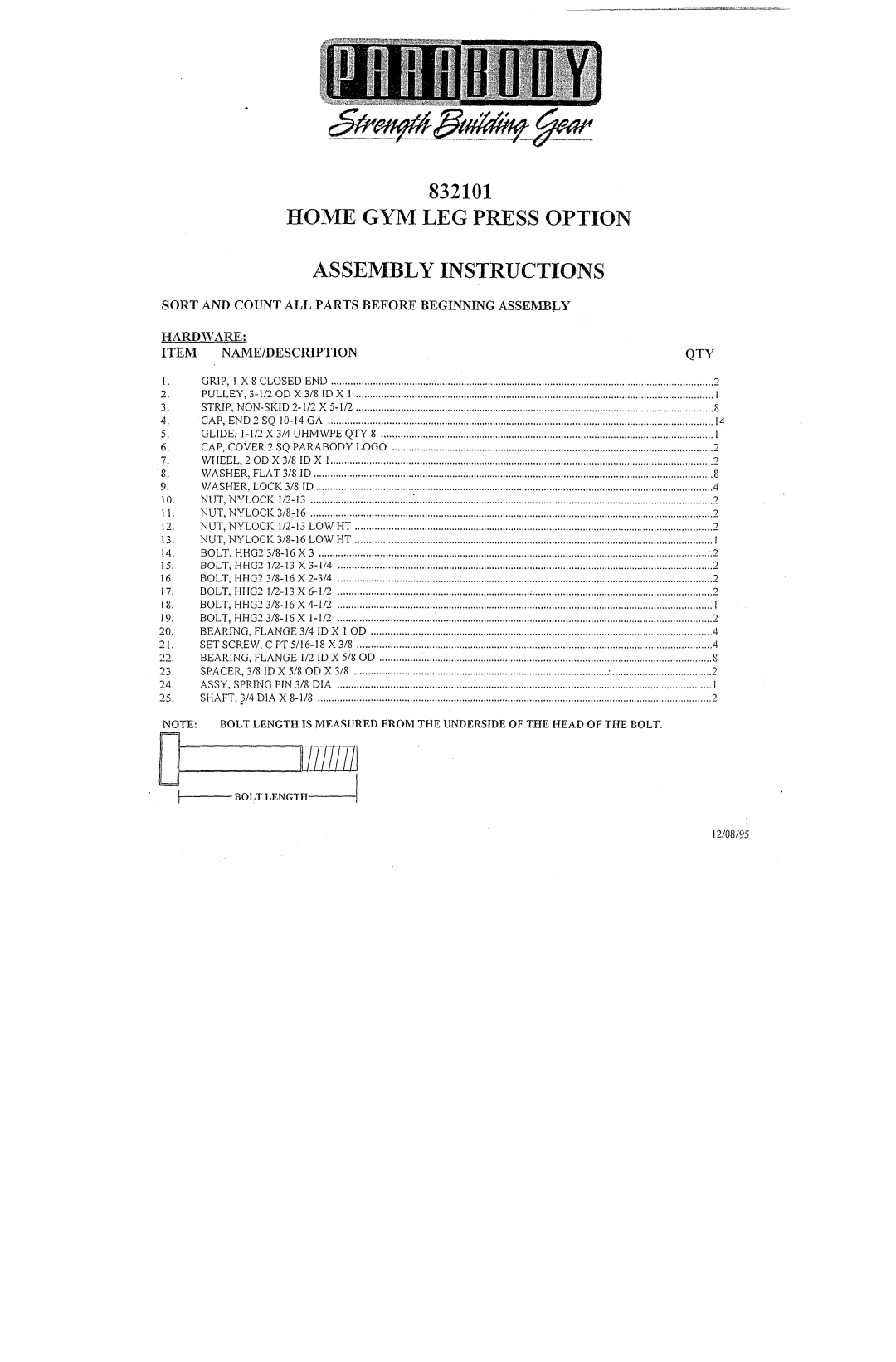 ParaBody 832101 manual 1iiiiiiii, Home GYM LEG Press Option Assembly Instructions, CAP,cOVER2 Sqparabodylogo 