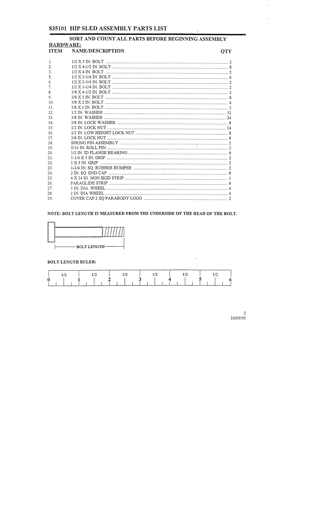 ParaBody 835101 manual 2X5 IN.BOLT, 2X4 IN.BOLT, 8X3 IN.BOLT 8X2 IN.BOLT 8X1 IN.BOLT, 8IN.WASHIER 