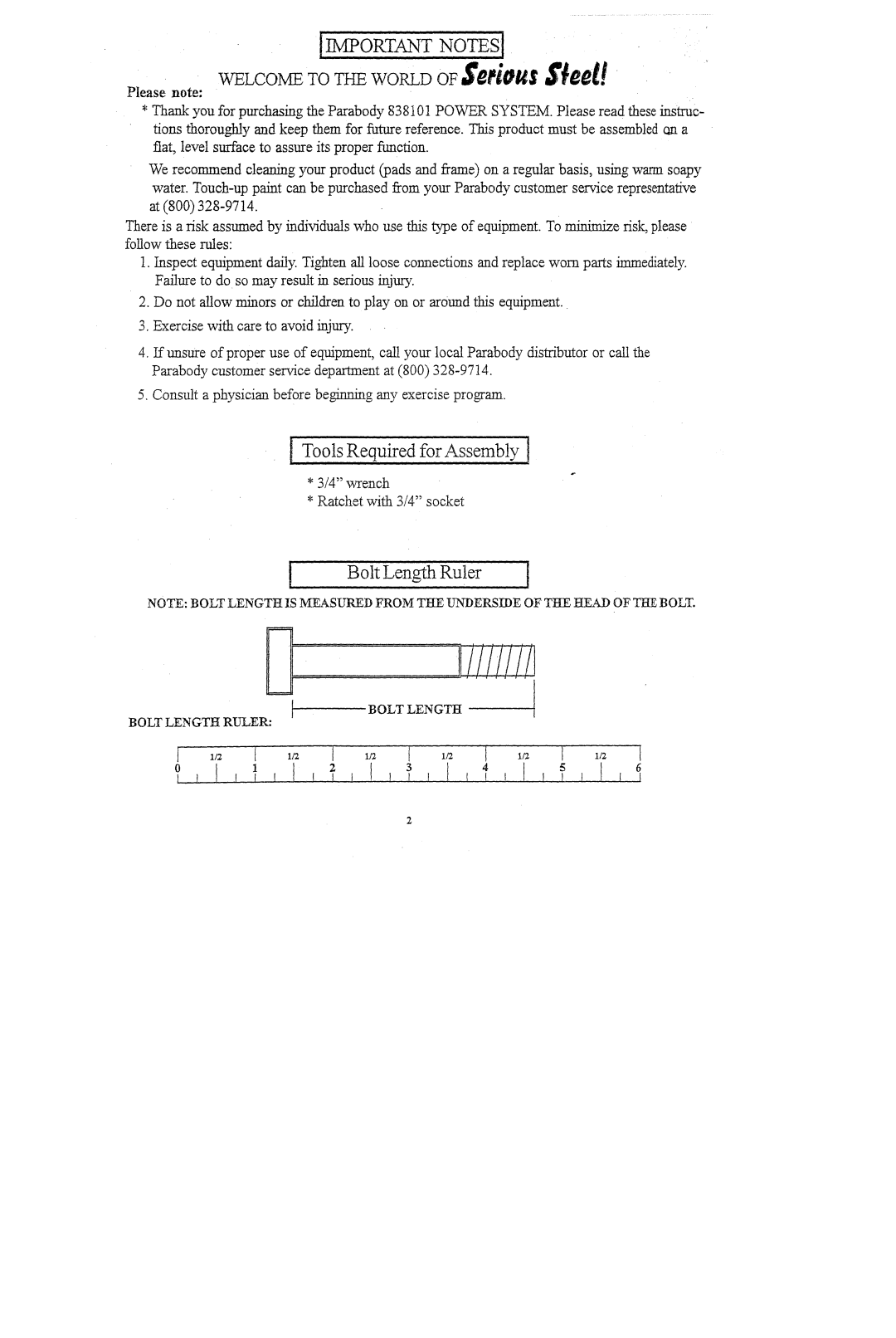 ParaBody 838101 manual ~v~,OP.T~r~OTES, Bolt Length Bolt LENGTI~ Ruler 