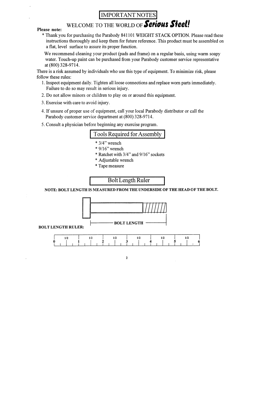 ParaBody 841101 manual Bolt LengthRuler 