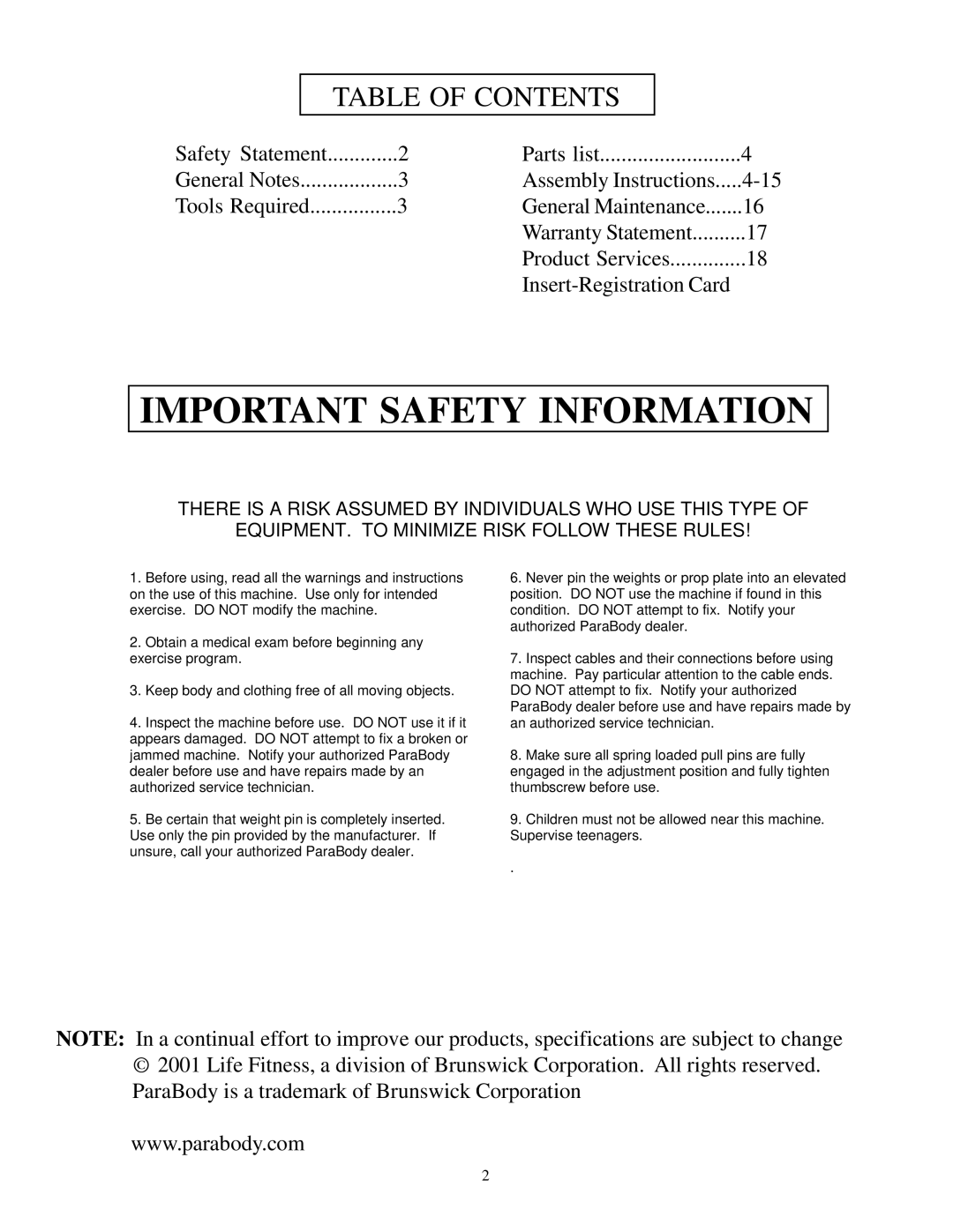 ParaBody 848 manual Important Safety Information 