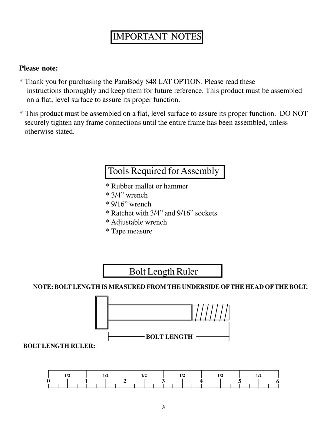 ParaBody 848 manual Important Notes 