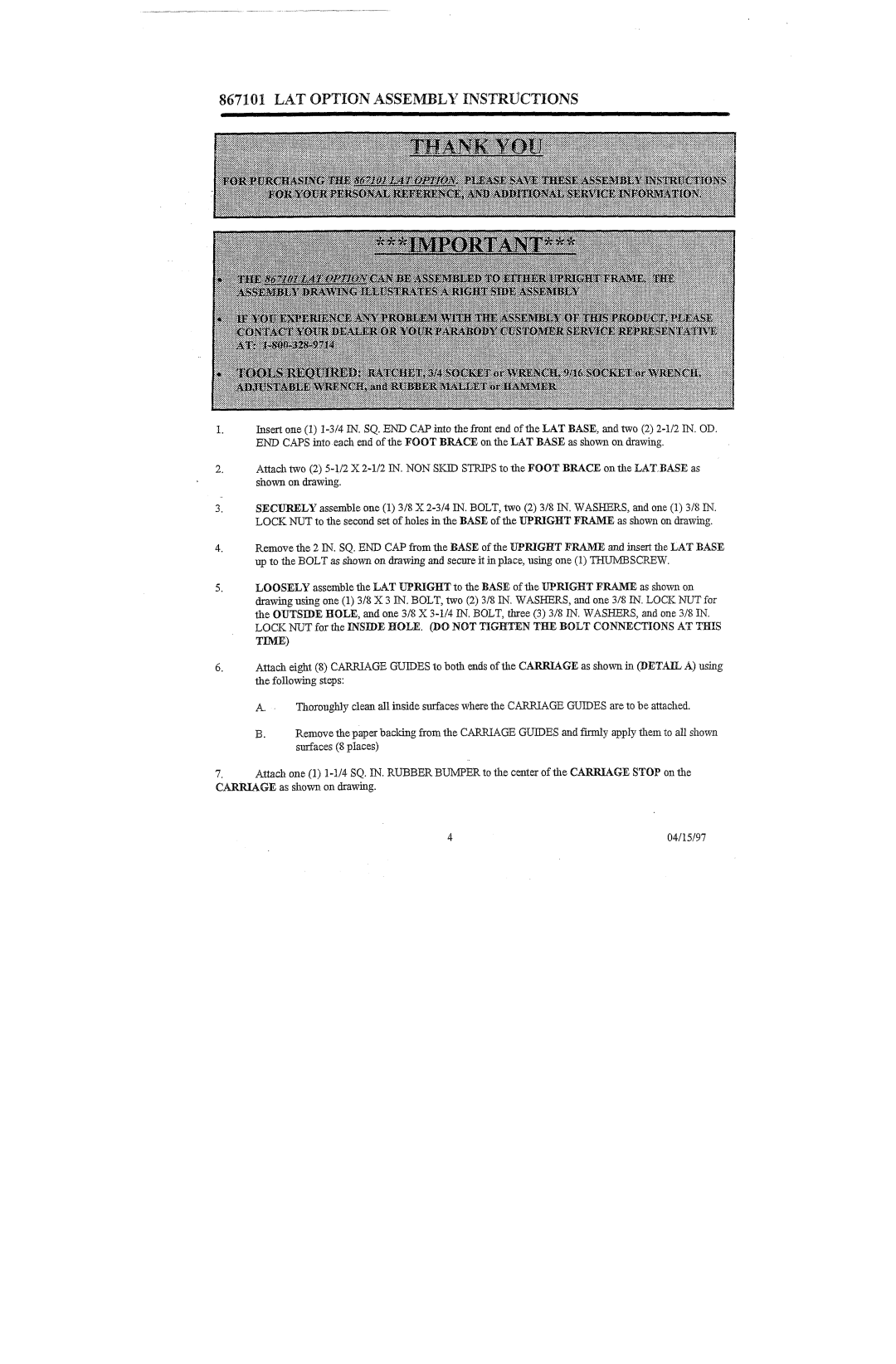 ParaBody 867101 manual LAT Option Assembly Instructions 