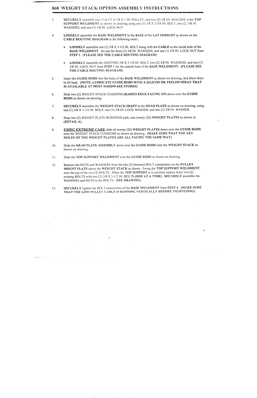 ParaBody 868 manual Weight Stack Option Assembly Instructions 