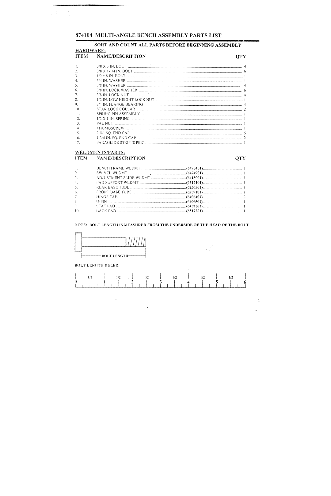 ParaBody 874104 manual Weliments/Parts Name/Description, IN. Locknut 